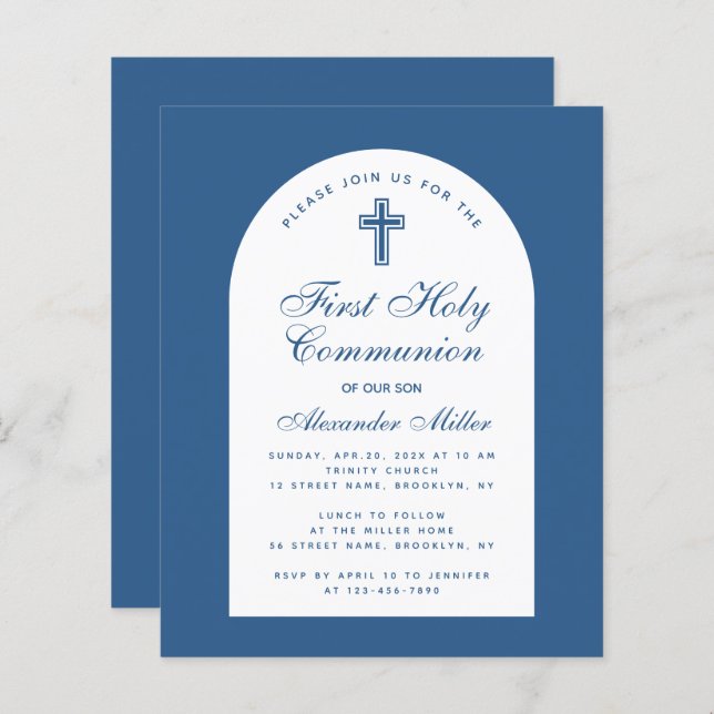 Budget Classic Arc Bleu 1ère communion Invitation (Devant / Derrière)