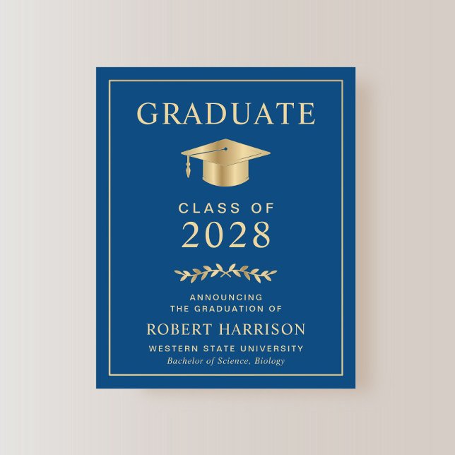 Budget Classic Blue Gold Faire-part (An elegant college graduation announcement to celebrate the graduate's achievements)