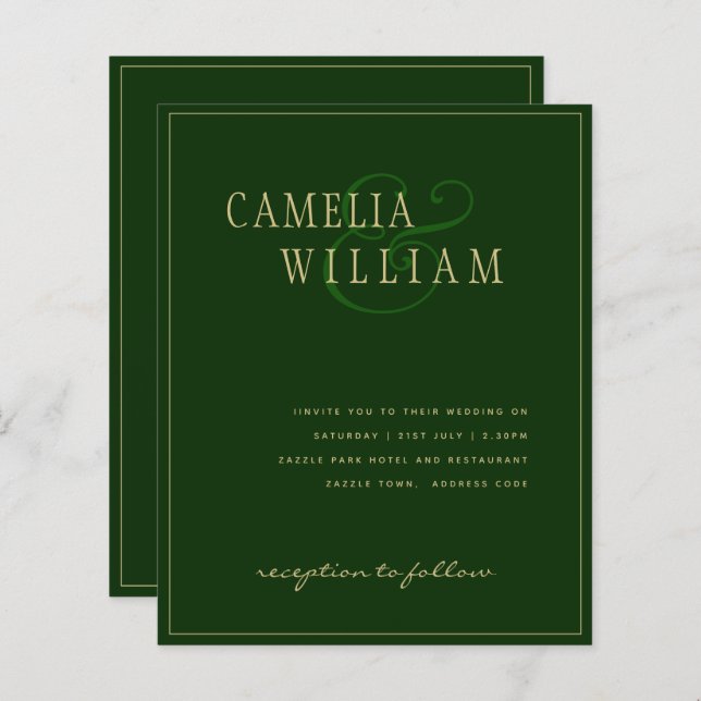 BUDGET Classic Emerald Green Mariage Invitation (Devant / Derrière)