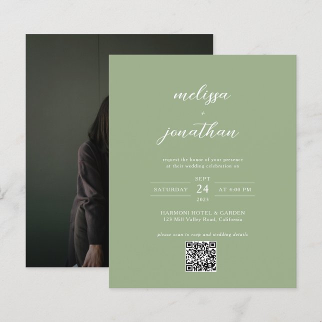 BUDGET Classic Sage Green Photo QR Code Wedding (Devant / Derrière)