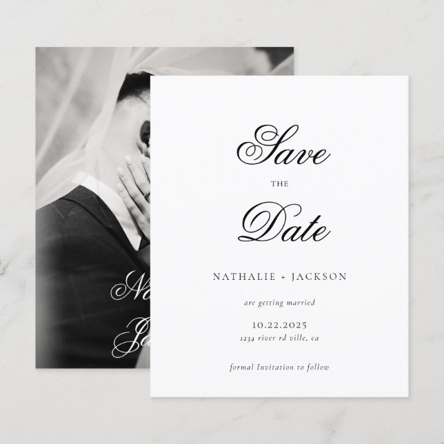 BUDGET Classic Script Photo Wedding Save the Date (Devant / Derrière)