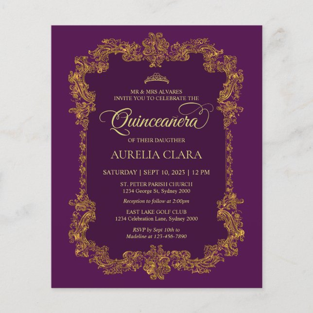 Budget Classique Élégant Violet Or Quinceanera (Devant)