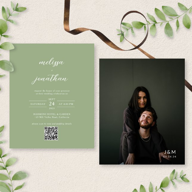 BUDGET Classique Vert Sauge Code QR Photo Mariage (Créateur téléchargé)