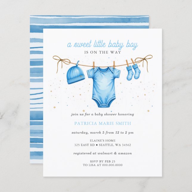 Budget Clothesline Blue Boy Baby Shower invitation (Devant / Derrière)