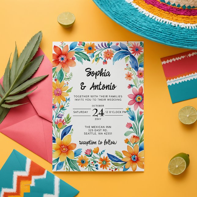 Budget Coloré mexicain Floral Fiesta Mariage (Colorful Mexican Floral Fiesta Wedding Invitation)