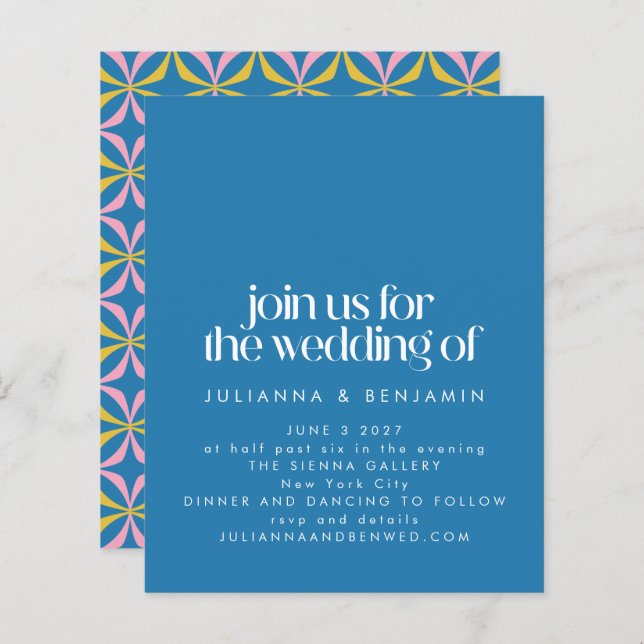 Budget Colorful Blue Geometry Fun Wedding Invitati (Devant / Derrière)