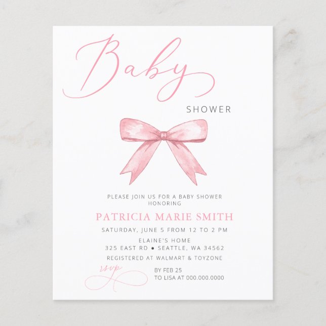 Budget Coquette Pink Bow Girl Baby shower (Devant)