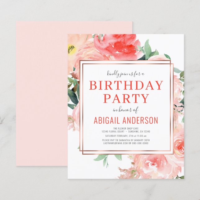 Budget Coral Floral Anniversaire Fête Invitation (Devant / Derrière)