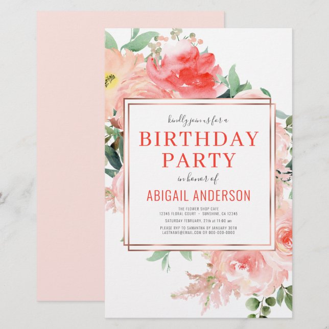 Budget Coral Floral Anniversaire Fête Invitation (Devant / Derrière)