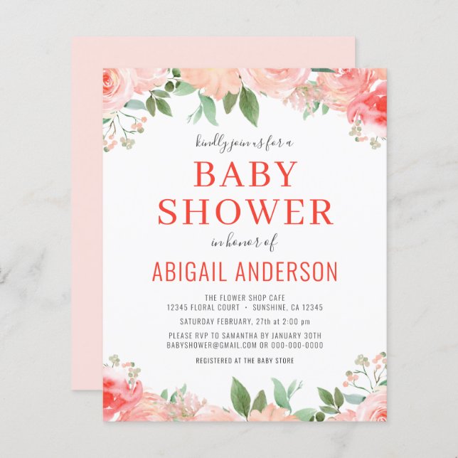 Budget Coral Floral Baby shower Invitation (Devant / Derrière)