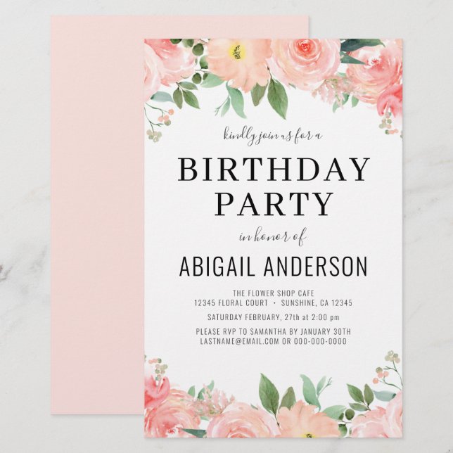 Budget Coral Floral Girly Anniversaire Invitation (Devant / Derrière)