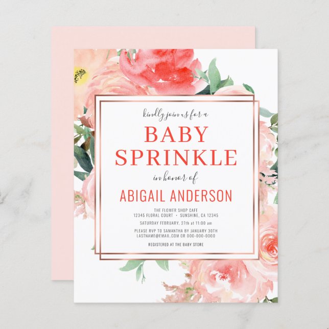 Budget Coral Floral Peach Baby Sprinkle Invitation (Devant / Derrière)