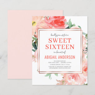 Budget Coral Floral Pêche Sweet sixteen Invitation