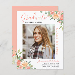 Budget Coral Floral Photo Graduation Faire-part