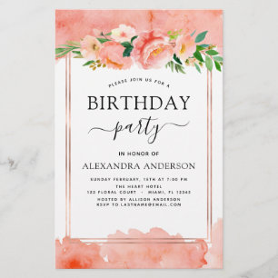 Budget Coral Peach Floral Anniversaire Invitation