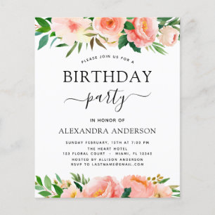 Budget Coral Peach Floral Anniversaire Invitation