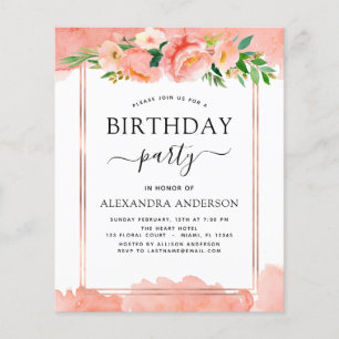 Budget Coral Peach Floral Anniversaire Invitation