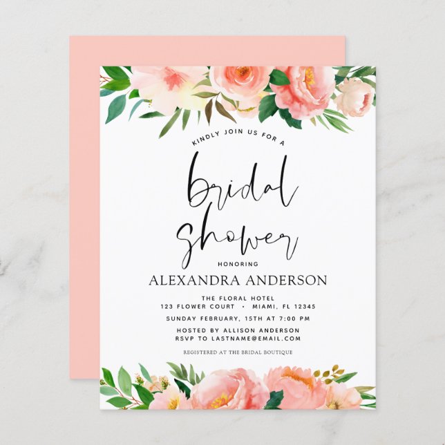 Budget Coral Peach Floral Bridal Show Invitation (Devant / Derrière)