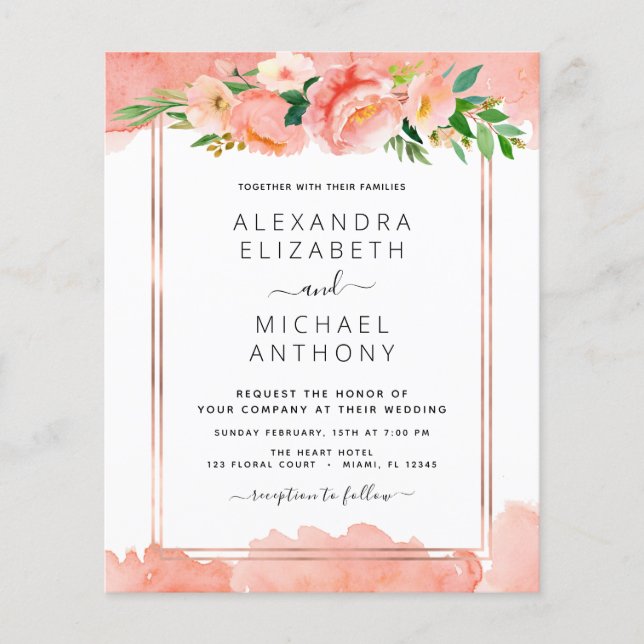 Budget Coral Peach Floral Faire-part de mariage (Devant)