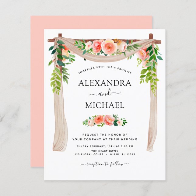 Budget Coral Peach Floral Faire-part de mariage (Devant / Derrière)