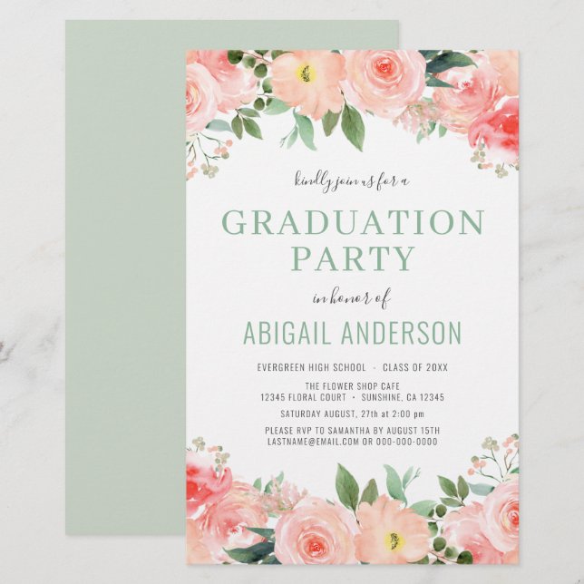 Budget Coral Peach Floral Graduation Invitation (Devant / Derrière)