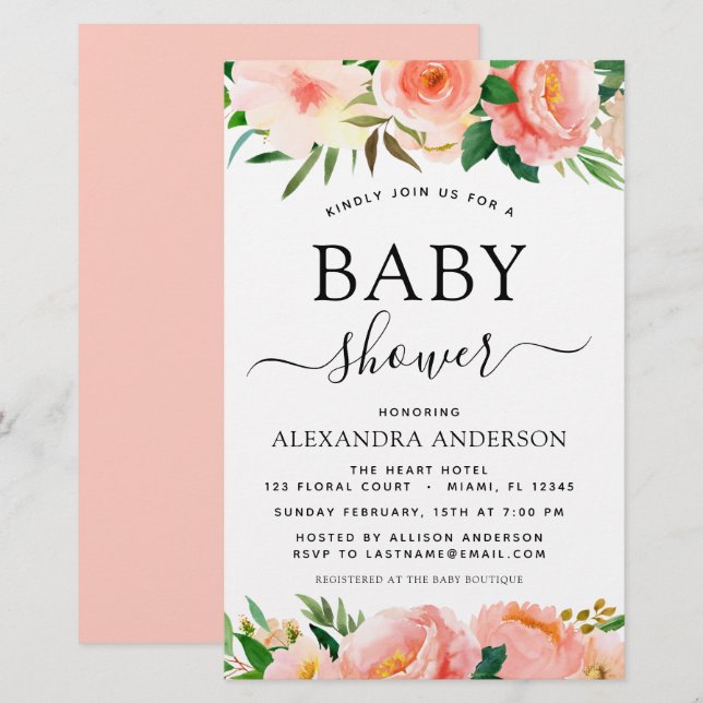 Budget Coral Pêche Baby shower Floral Invitation (Devant / Derrière)