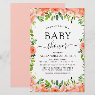 Budget Coral Pêche Baby shower Floral Invitation