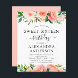 Budget Coral Pêche Sweet sixteen Floral<br><div class="desc">Budget Coral,  Pêche et blanc Floral et Eucalyptus Vert Botanique Printemps ou Été Pastel Sweet sixteen (16e) Anniversaire Fête Invitations - comprend belle et élégante typographie script avec des fleurs botaniques modernes et la verdure pour la célébration spéciale Anniversaire.</div>