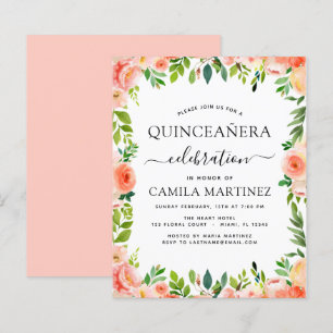 Budget Coral Pêcher Floral Quinceañera Invitation