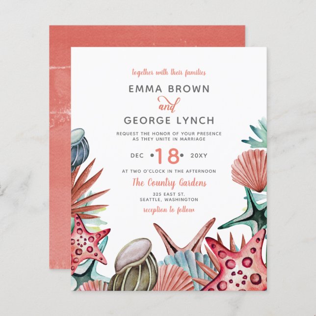 Budget Coral Seashells Plage Mariage Invitation (Devant / Derrière)