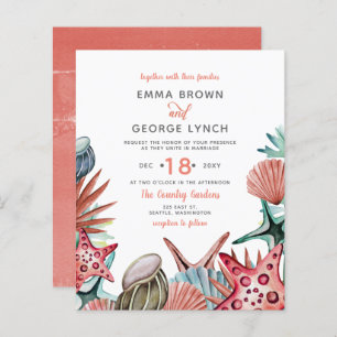 Budget Coral Seashells Plage Mariage Invitation
