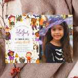 Budget Costume Girl Halloween Birthday Party Photo<br><div class="desc">Invite family and friends for a spooktacular time with these cute Halloween birthday party invitations. The left-hand side of this budget design features a hand-painted border of fun Halloween characters, there are kids in costumes, black cats, bats, smiling pumpkins, ghosts, a dancing skeleton, spiders, balloons, stars, magic potions, a heart-eyed...</div>