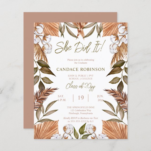 BUDGET Coton Grasses séchées Grad Party Invitation (Devant / Derrière)