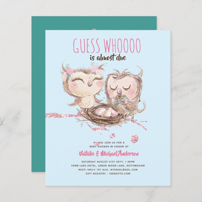 BUDGET Couples Baby shower Cute Owls Woodland Inv. (Devant / Derrière)