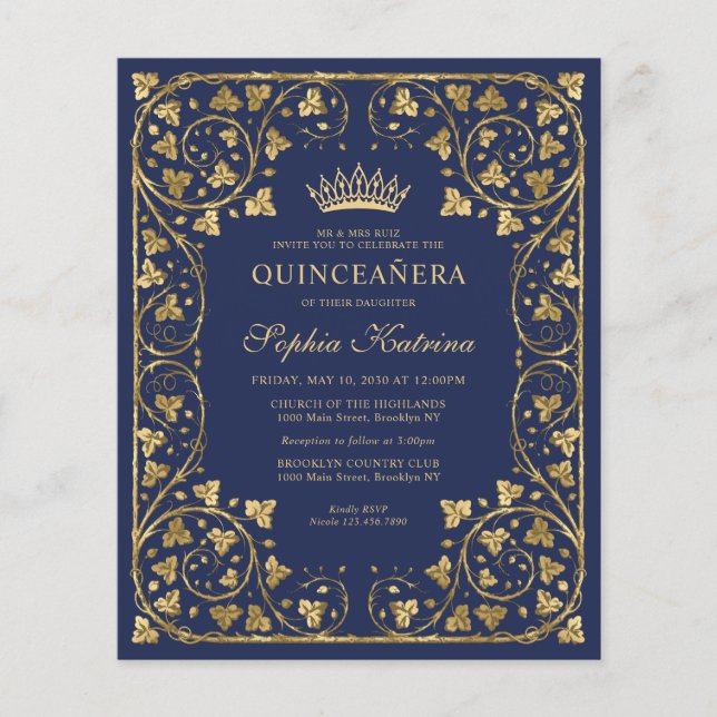 Budget Couronne de Fleurs Bleue Marine Or Quincean (Devant)