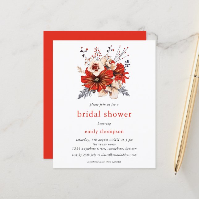 Budget Crème rouge Florales Bridal Shower Invitati (Devant/Arrière en situation)