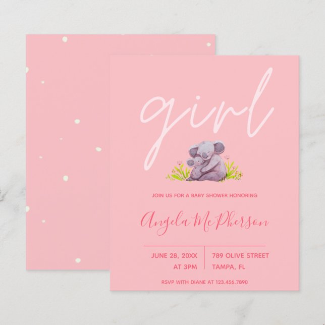 Budget | Cute aquarelle Koala Baby shower Invitati (Devant / Derrière)