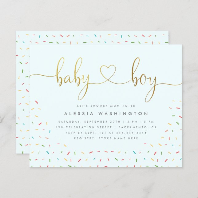 Budget Cute Confetti Sprinkle Gold Boy Baby shower (Devant / Derrière)
