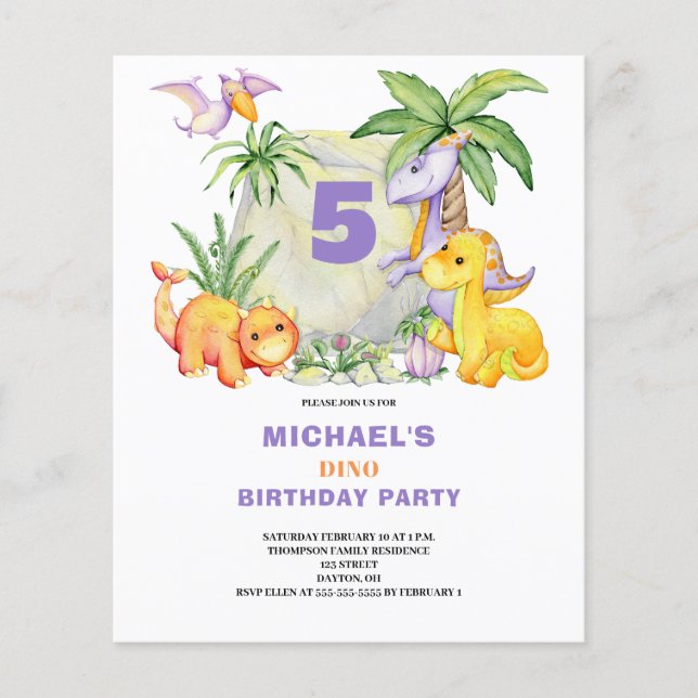 Budget Cute Dinosaur 5e anniversaire Invitation (Devant)