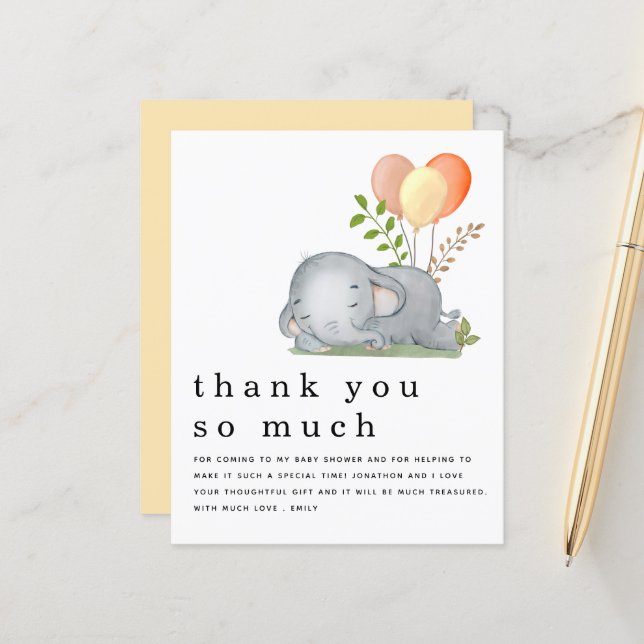 BUDGET Cute Elephant Jaune Baby shower Merci (Devant/Arrière en situation)