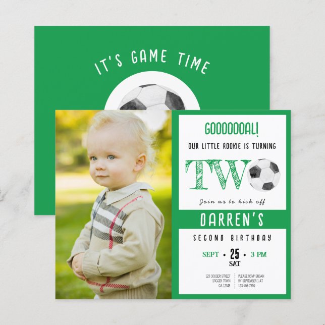Budget Cute Soccer Photo Green 2e anniversaire Inv (Devant / Derrière)