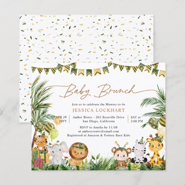 Budget Cute Tropical Jungle Baby Brunch Invitation (Devant / Derrière)