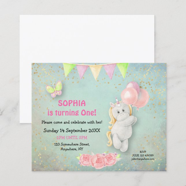 Budget Cute Unicorn Première Invitation Anniversai (Devant / Derrière)