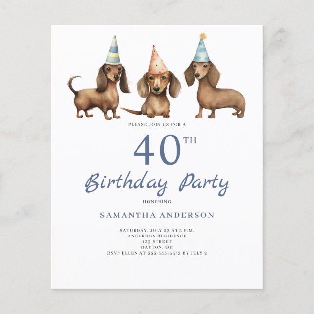 Budget Dachshund Chien 40e anniversaire Invitation (Devant)