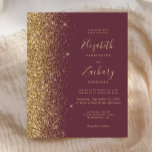 Budget Dark Burgundy Gold Parties scintillant de m<br><div class="desc">Le bord gauche de cette élégante faire-part de mariage moderne est orné d'une bordure de parties scintillant en faux or. Le texte personnalisable associe écriture manuscrite dorée,  copperplate et polices italiques sur un arrière - plan bordeaux foncé. L'envers est assorti d'un design bordeaux foncé et doré.</div>