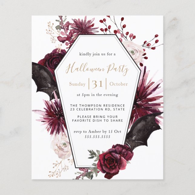 Budget Dark Floral Bourgogne Halloween Invitation (Devant)