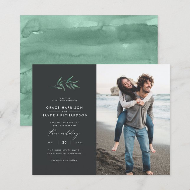 Budget Dark Green Branch Mariage Photo Invitation (Devant / Derrière)