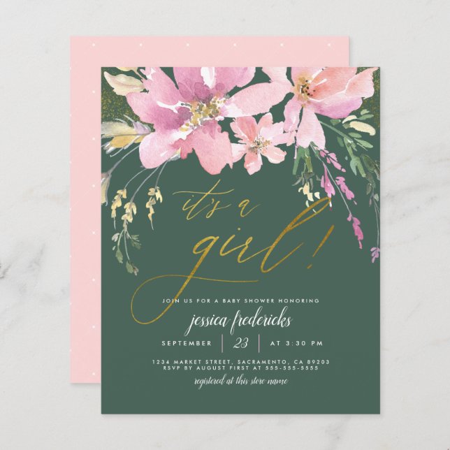 Budget Dark Green & Gold Girl Baby shower floral (Devant / Derrière)