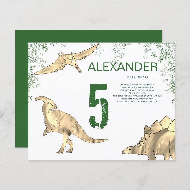Budget de fête d'anniversaire aquarelle de dinosau (Devant / Derrière)