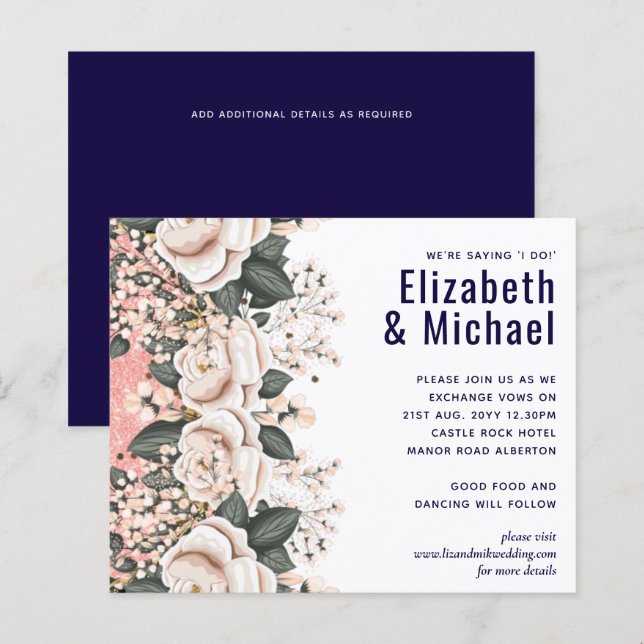 Budget de mariage floral rose clair bleu marine (Devant / Derrière)